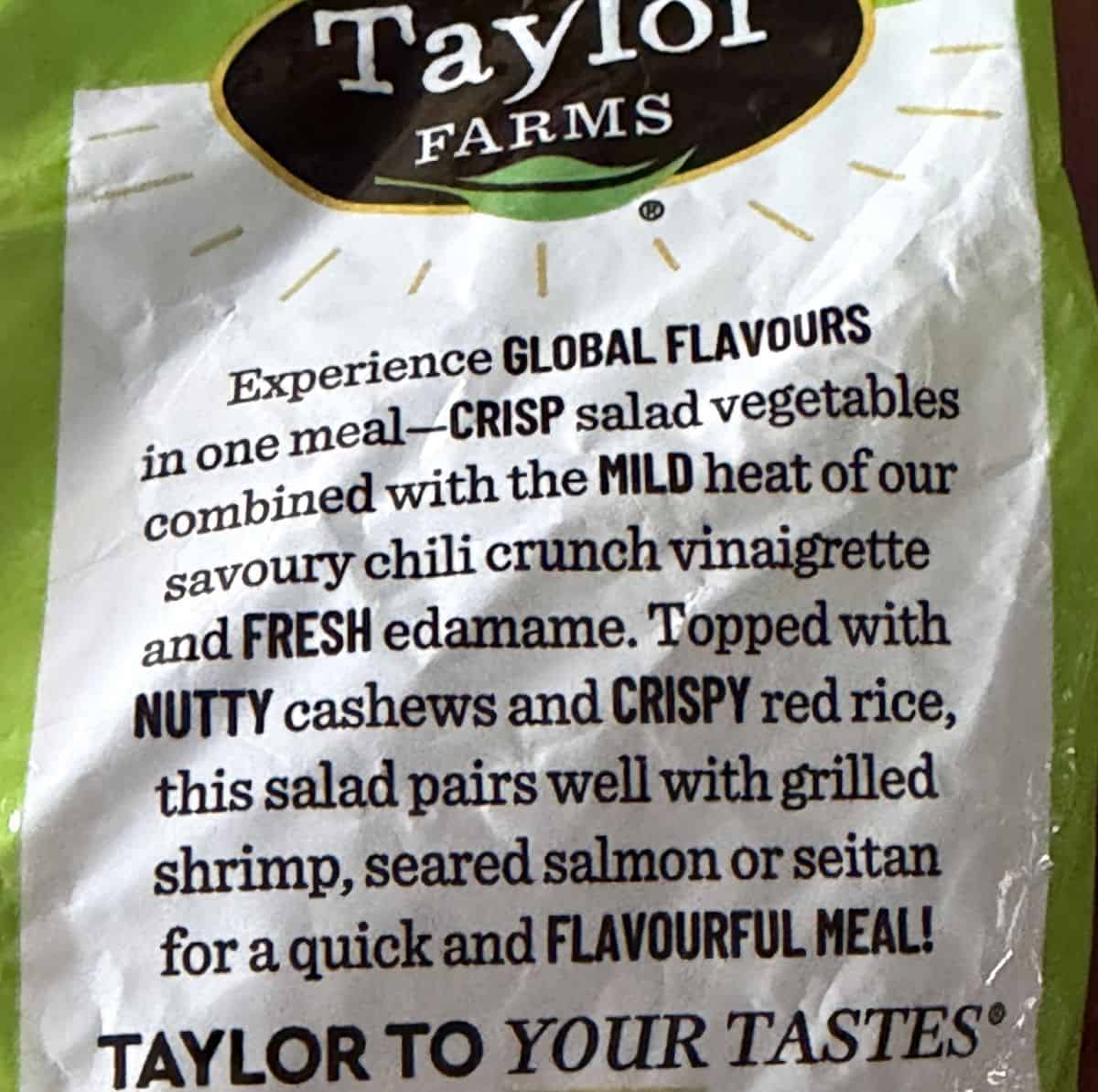 Image of the product description for the salad kit from the back of the bag.