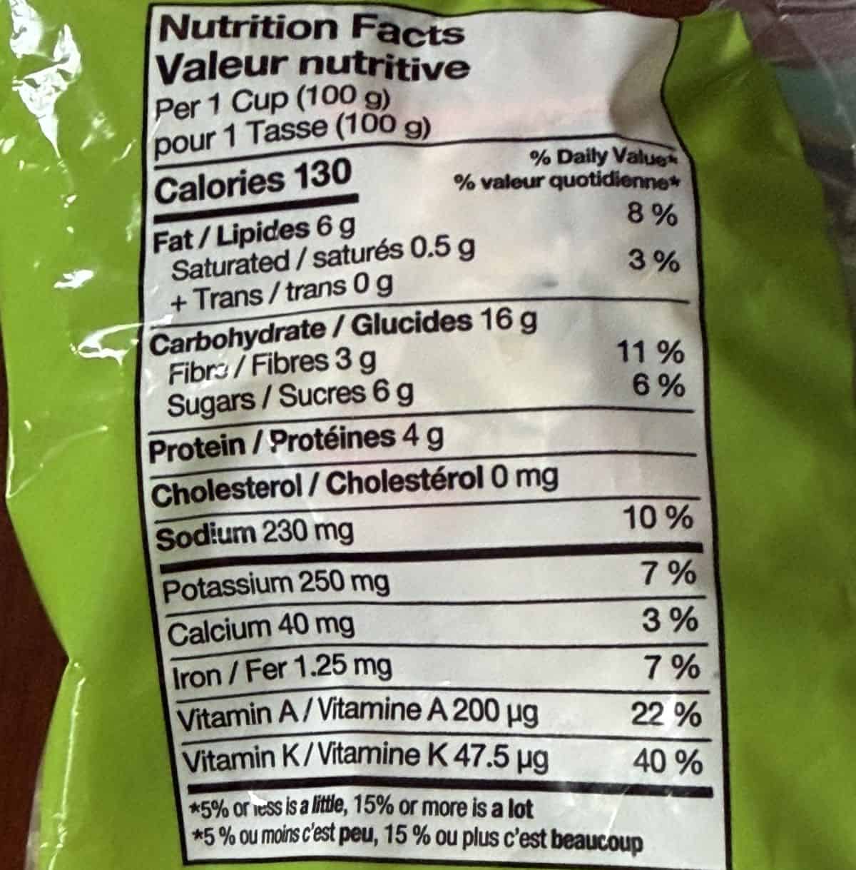 Image of the nutrition facts from the back of the bag.