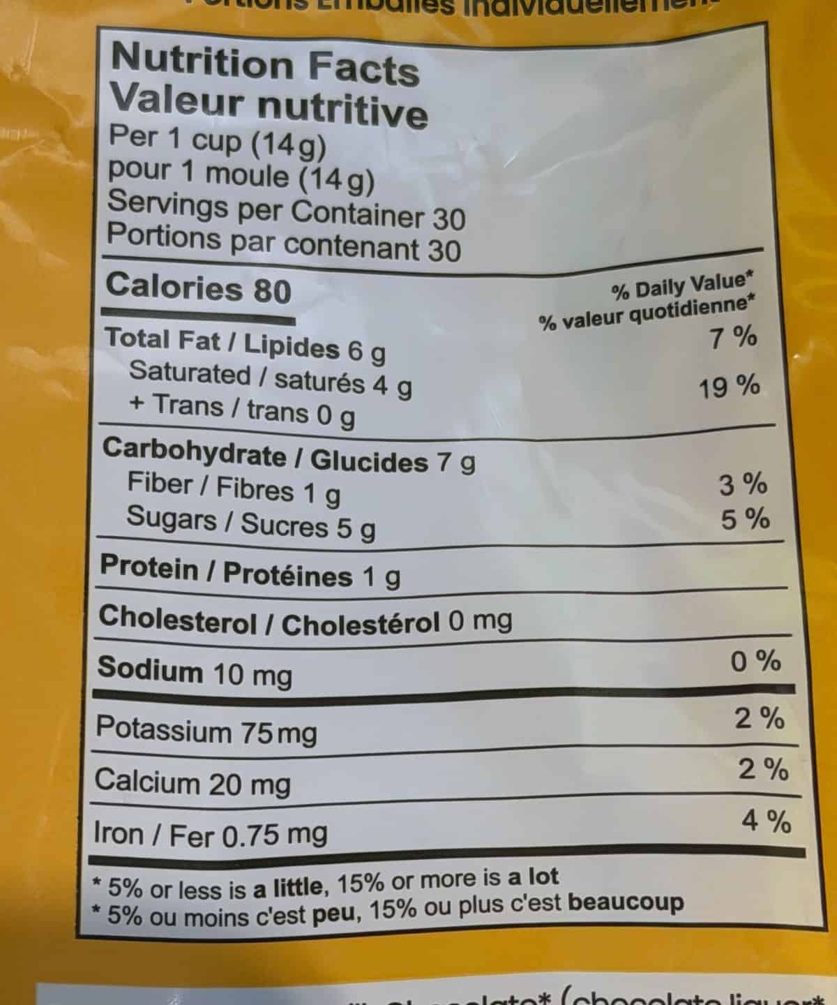 Image of the nutrition facts from the back of the bag.