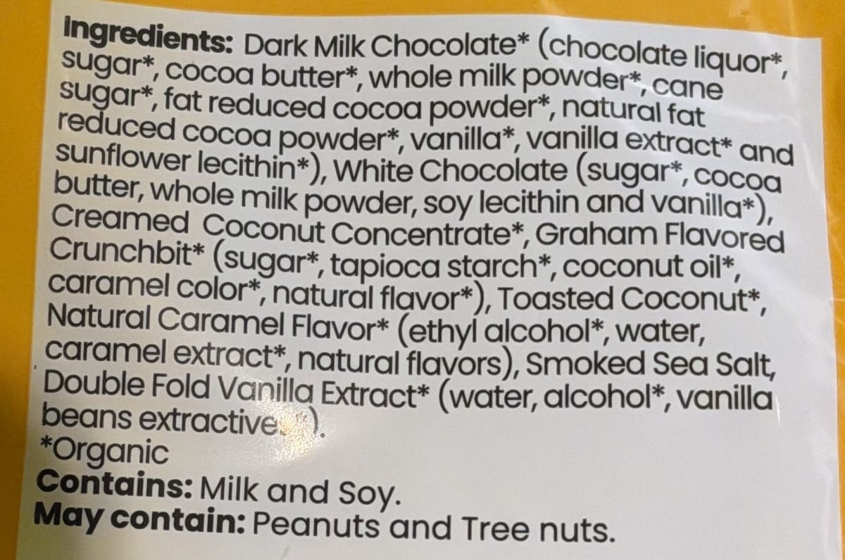 Image of the ingredients list from the back of the back.