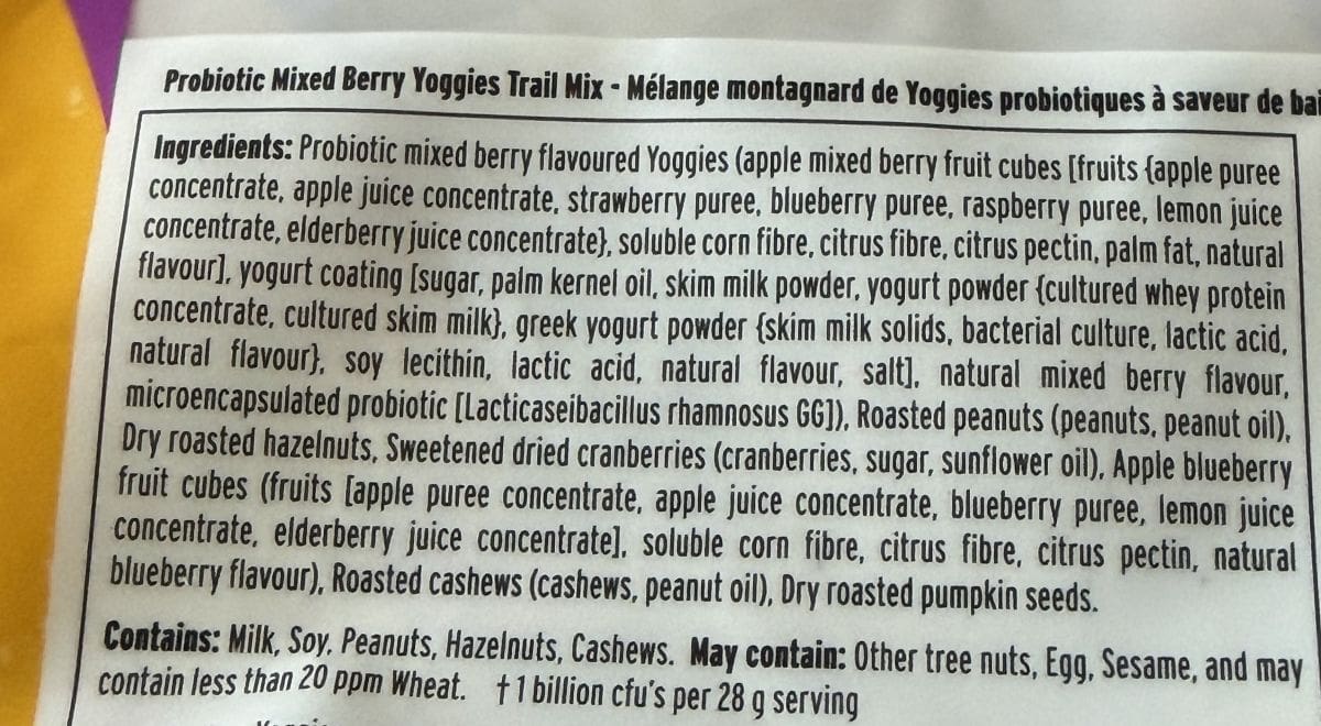 Image of the mixed berry flavored trail mix ingredients from the back of the bag.
