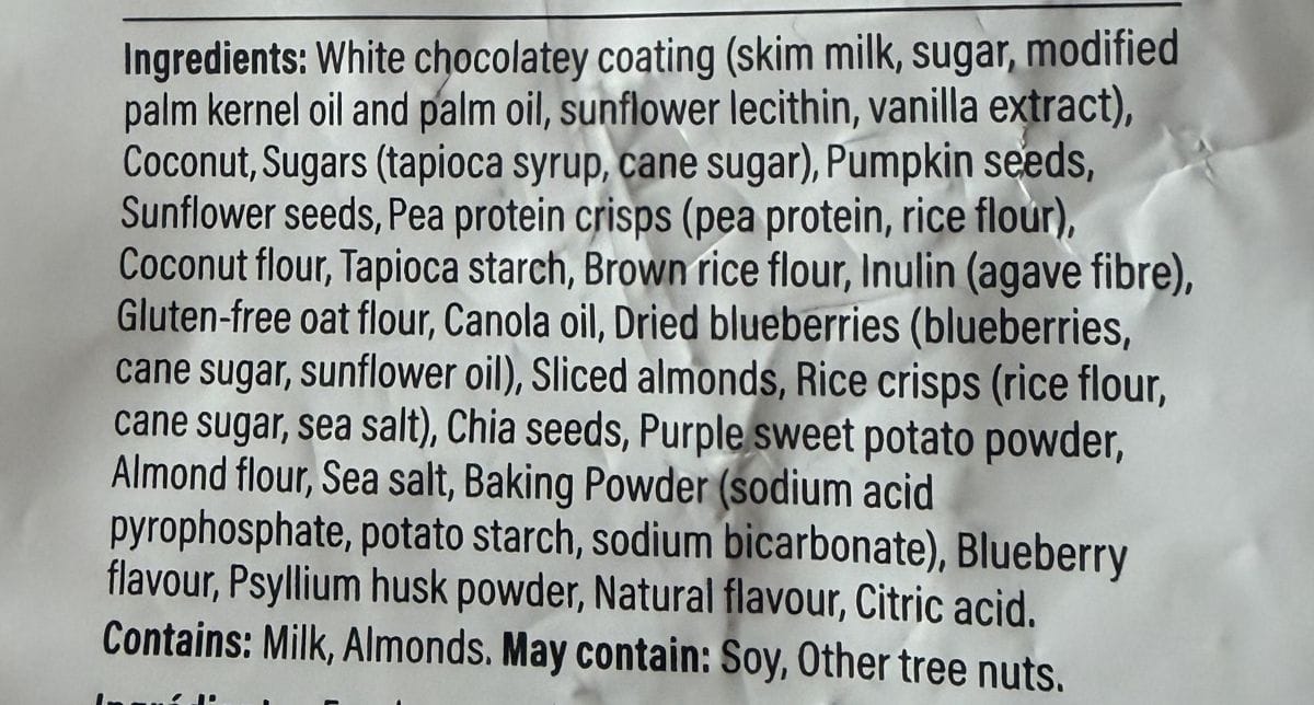 Image of the ingredients for the blueberry clusters from the back of the bag.