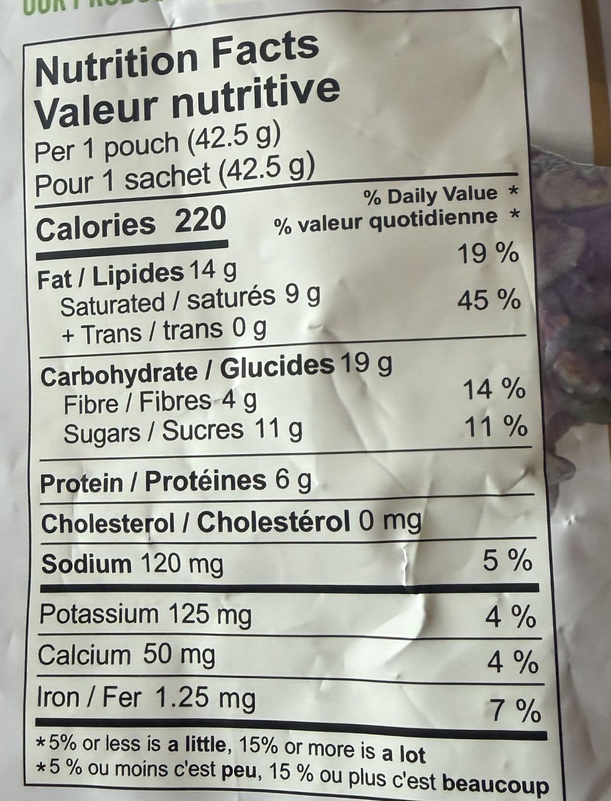 Image of the nutrition facts for the clusters from the back of the bag.