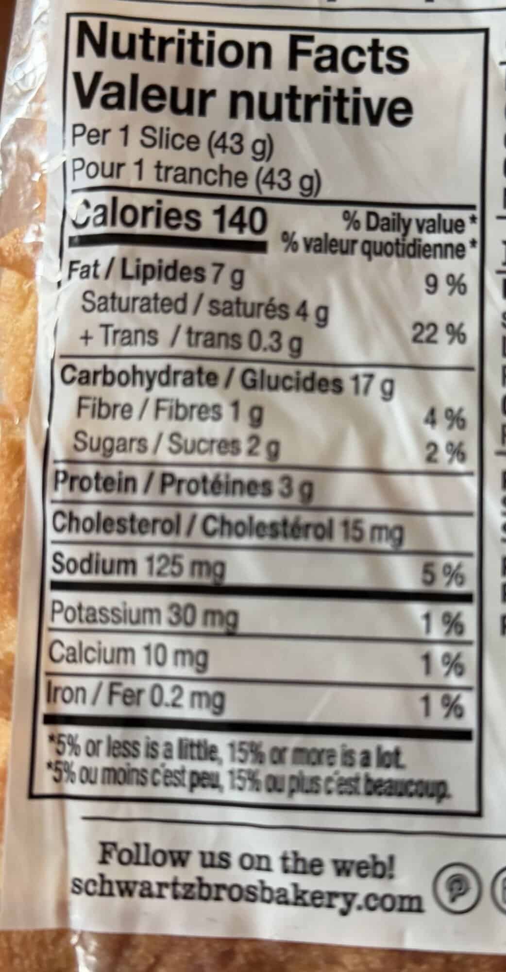 Image of the nutrition facts for the loaf from the back of the package. 