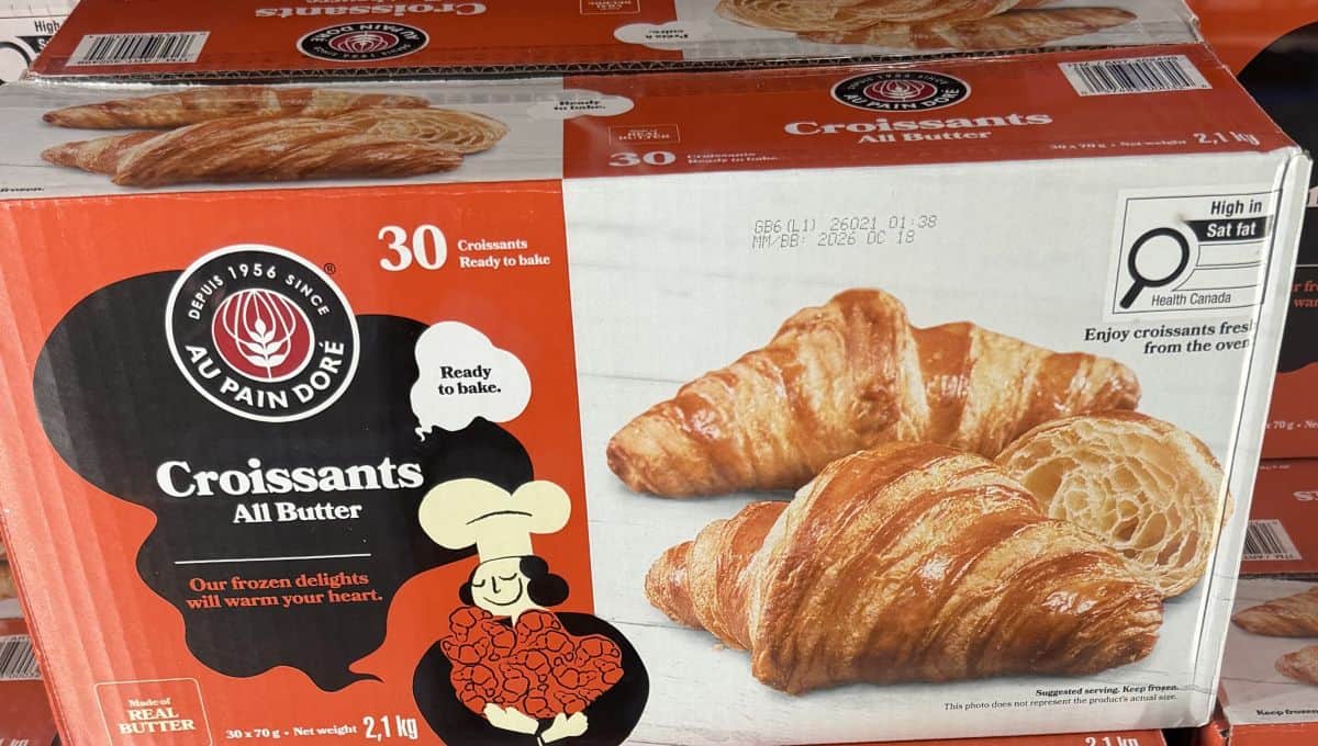 Closeup image of the box of Au Pain Dore Croissants unopened.