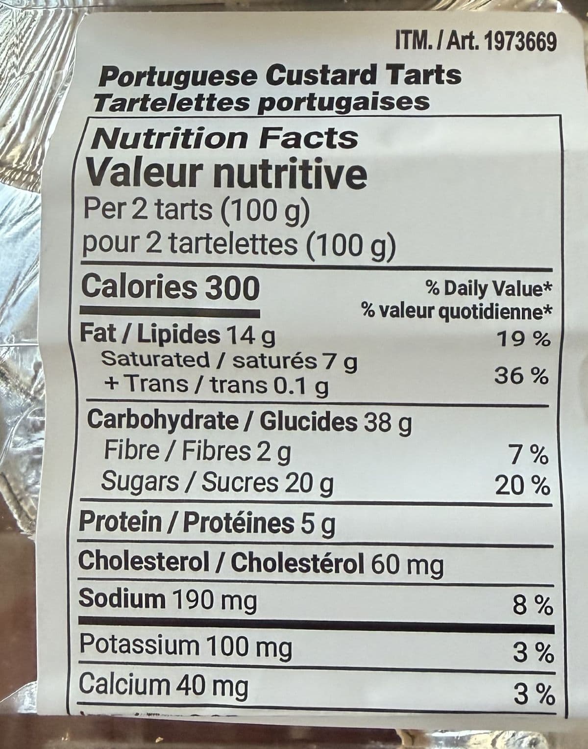 Image of the tart nutrition facts from the label.