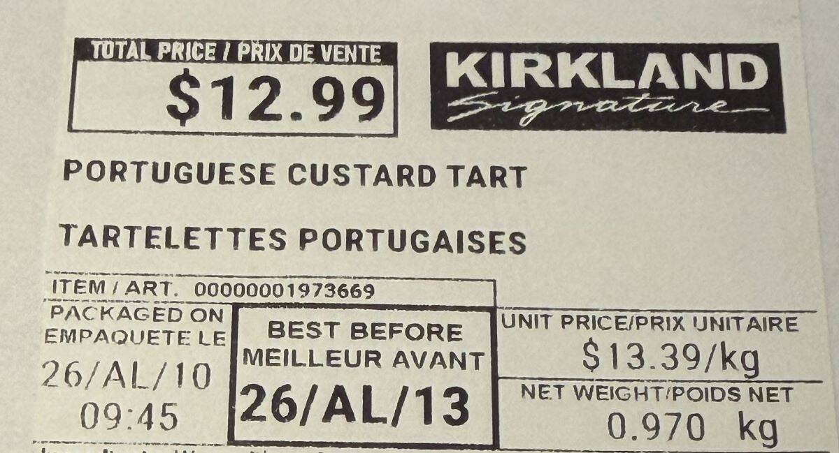 Closeup image of the tart package label showing the cost and expiry date.