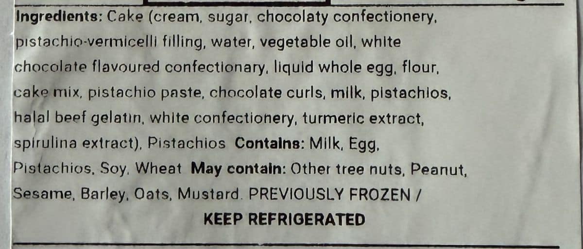 Image of the ingredients label for the Kirkland Signature Pistachio Chocolate Cake.