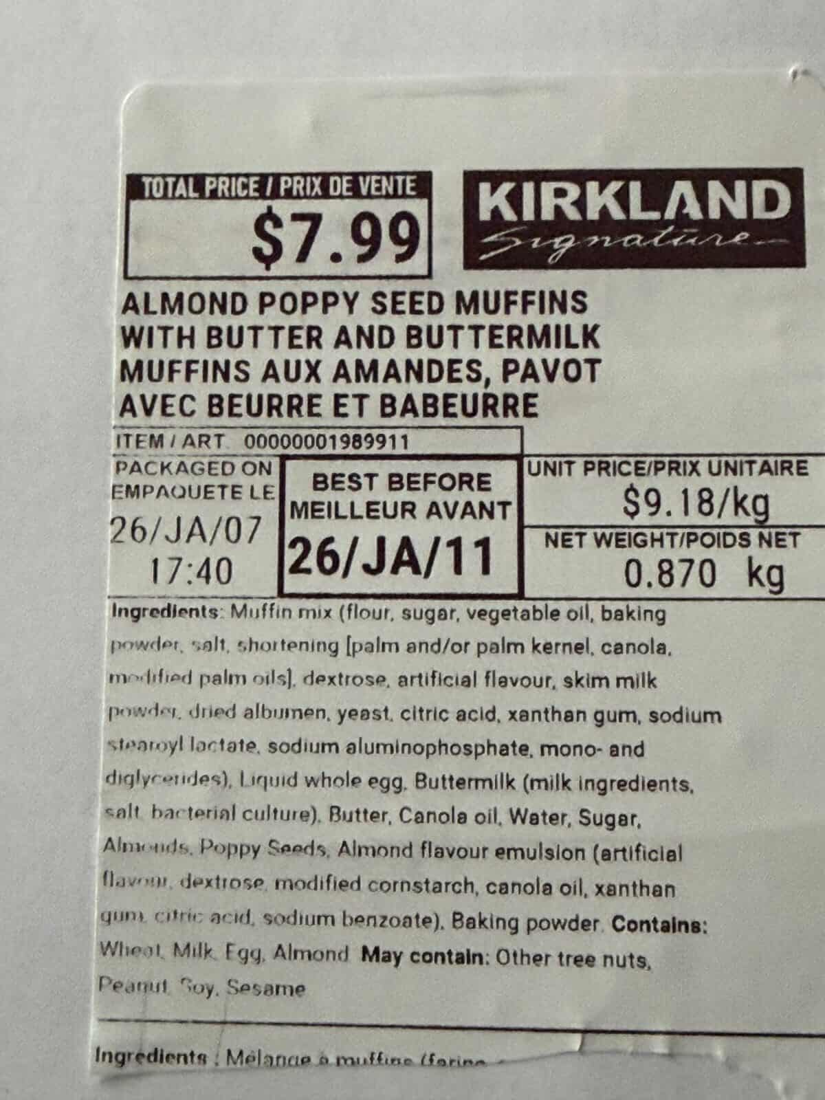 Image of the almond poppy seed muffins ingredients label.