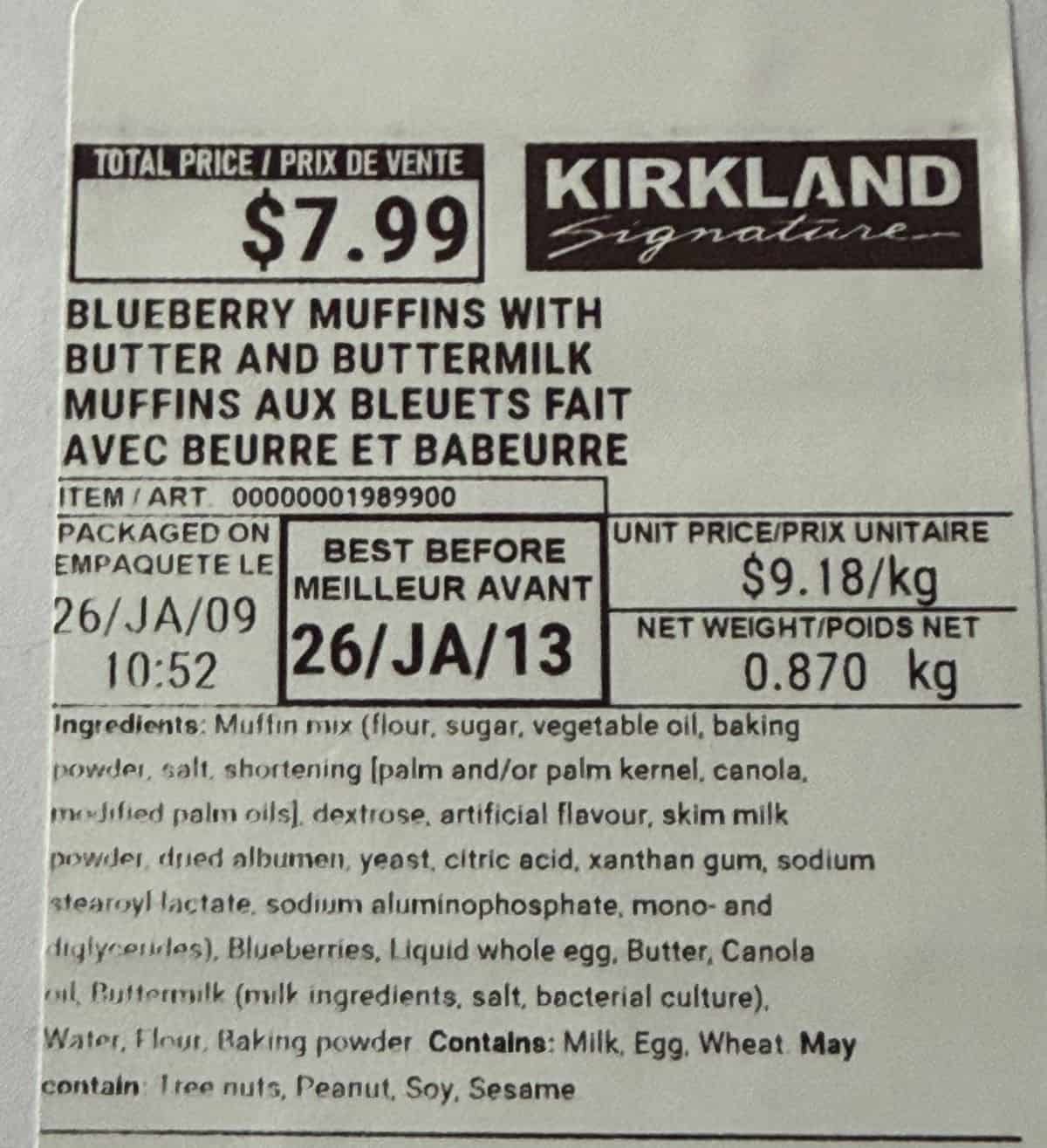 Image of the blueberry muffins ingredients label.