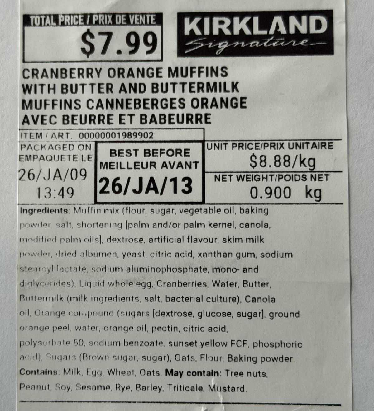 Image of the cranberry orange muffins ingredients label.