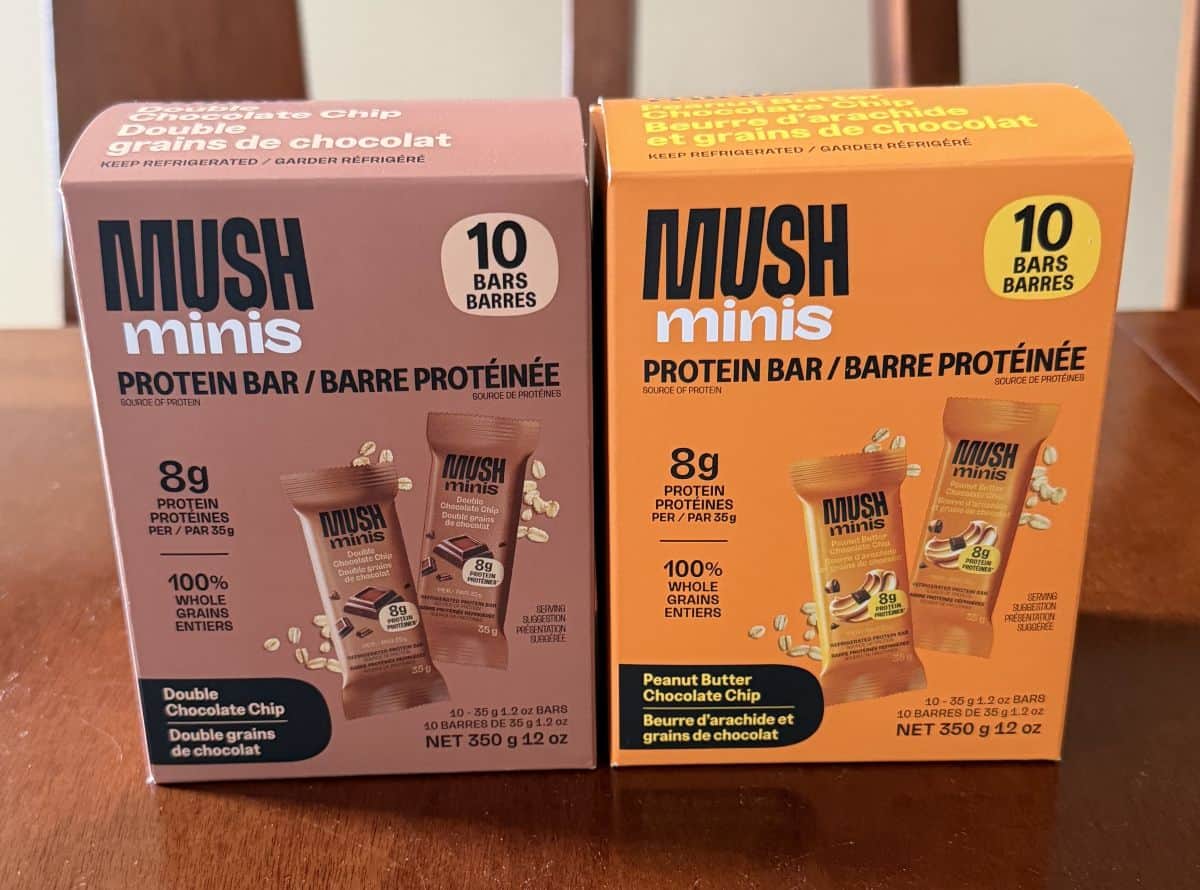 Image of two smaller boxes of mush minis unopened side by side on a table.