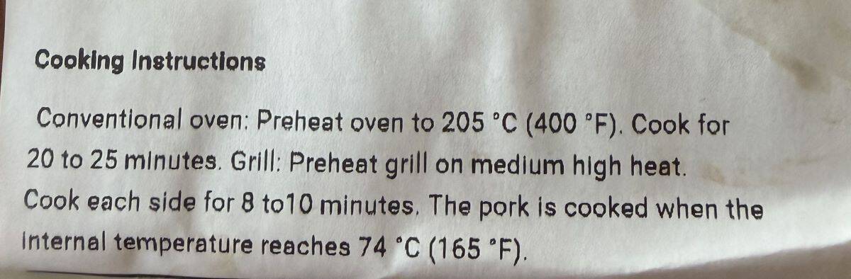 Closeup image of the cooking instructions for the pork tenderloin from the label.