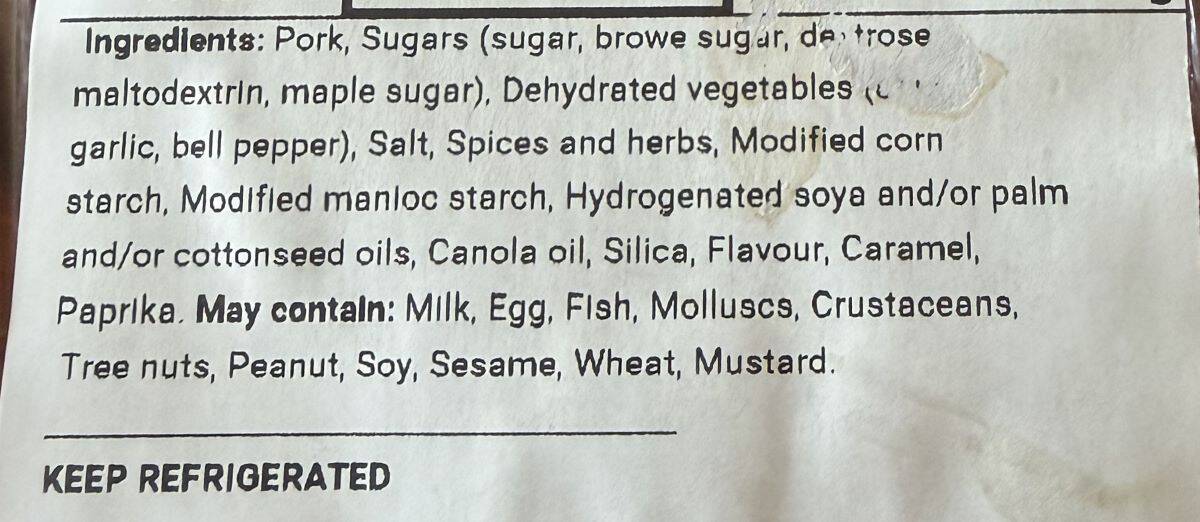Image of the ingredients for the pork from the front label.