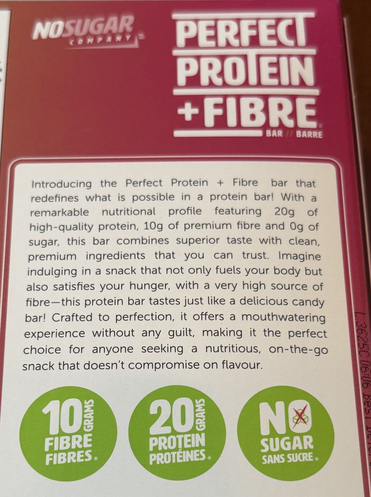 Image of the product description for the protein bars from the back of the box.
