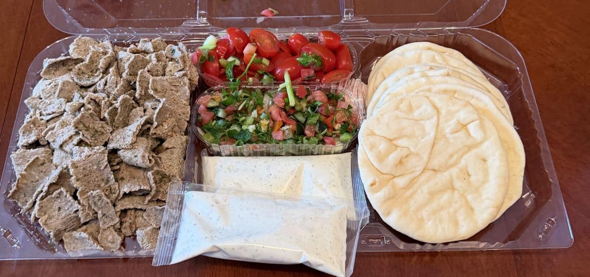 Top down image of the open Gyro Pita Kit showing everything that comes in the kit.