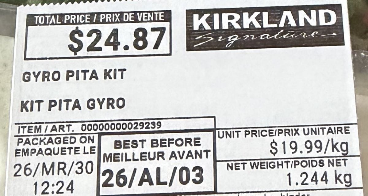 Image of the front label on the Gyro Pita kit showing the cost and best before date.
