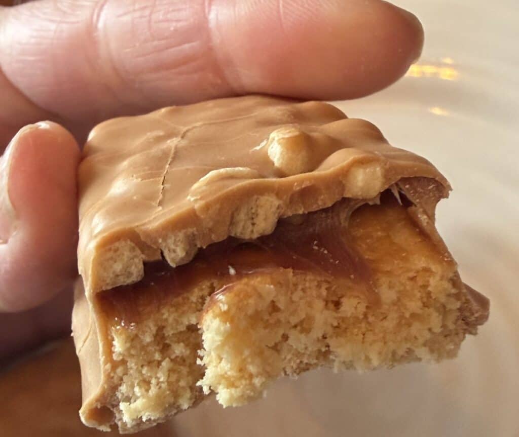 Closeup image of a hand holding one protein bar with a few bites taken out of it so you can see the jam filling inside.