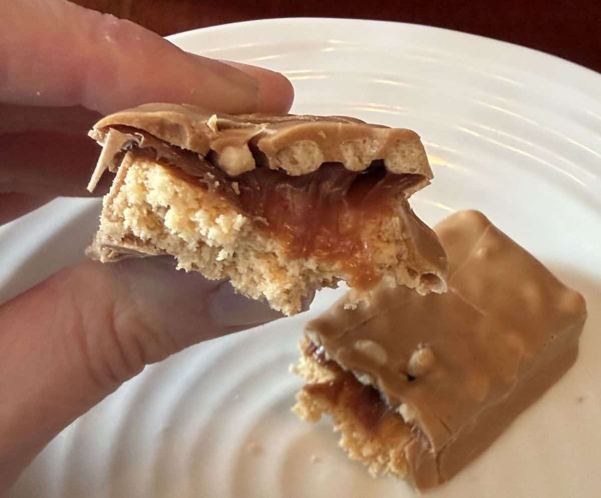 Image of a hand holding one protein bar close to the camera that's been cut in half so you can see the filling.