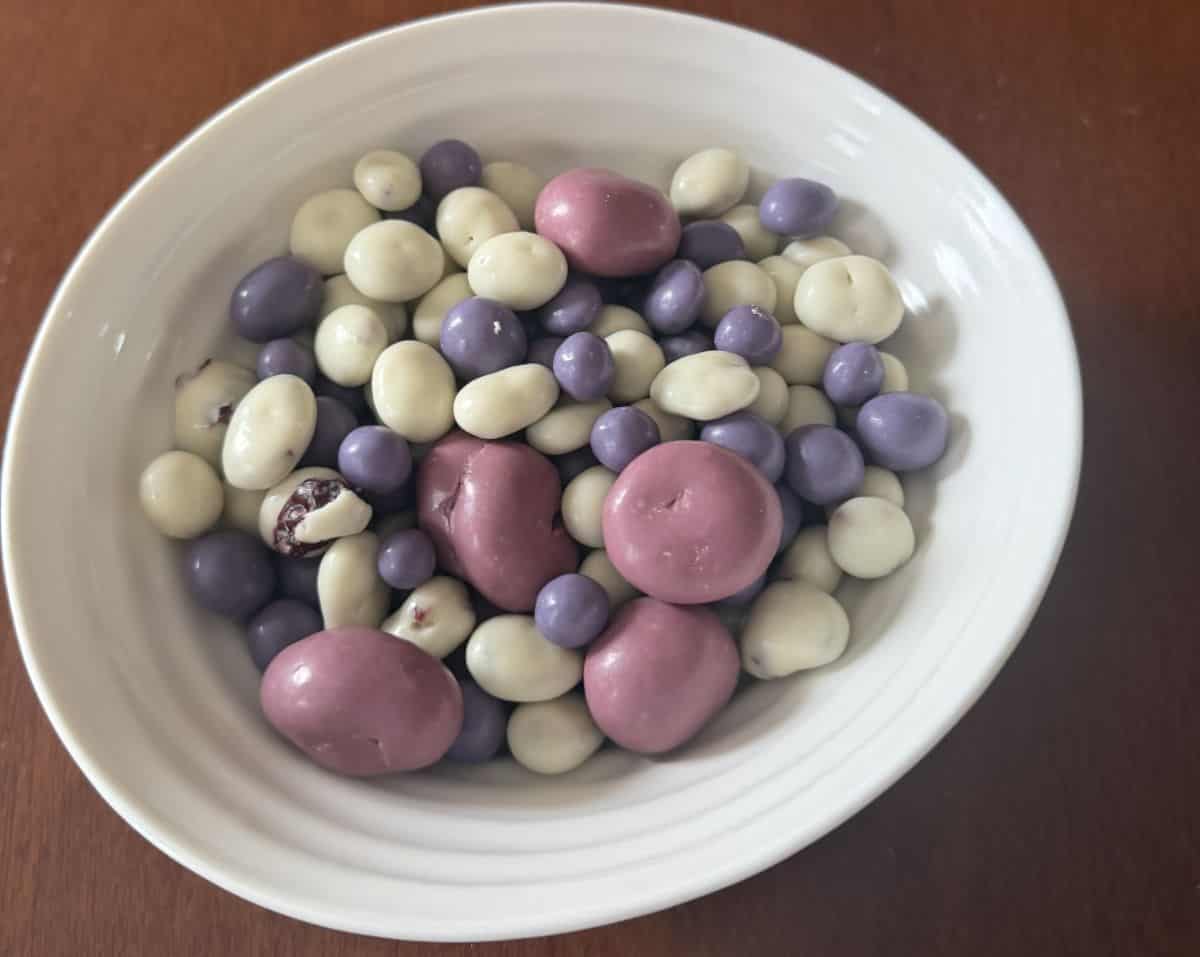 Sideview top down image of the mix served in a white bowl showing all the different components.