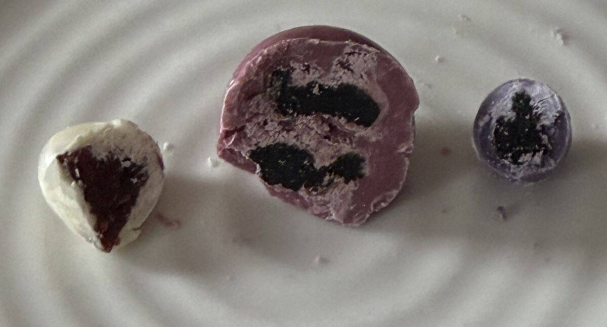 Image of one yogurt covered cherry, one yogurt covered blueberry and one yogurt covered cranberry served on a white plate and cut in half so you can see the middle.
