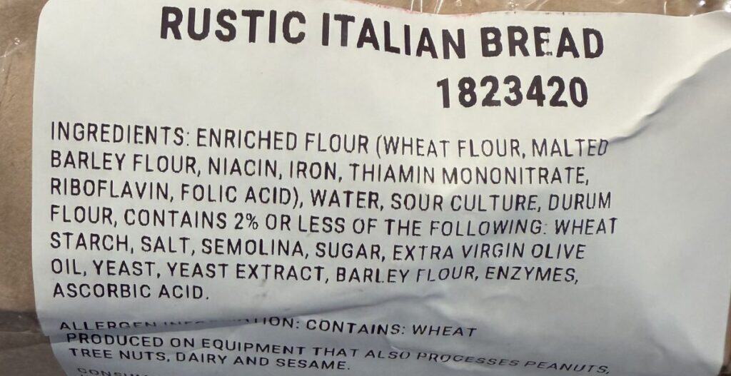 Image of the ingredients for the bread from the back of the package.