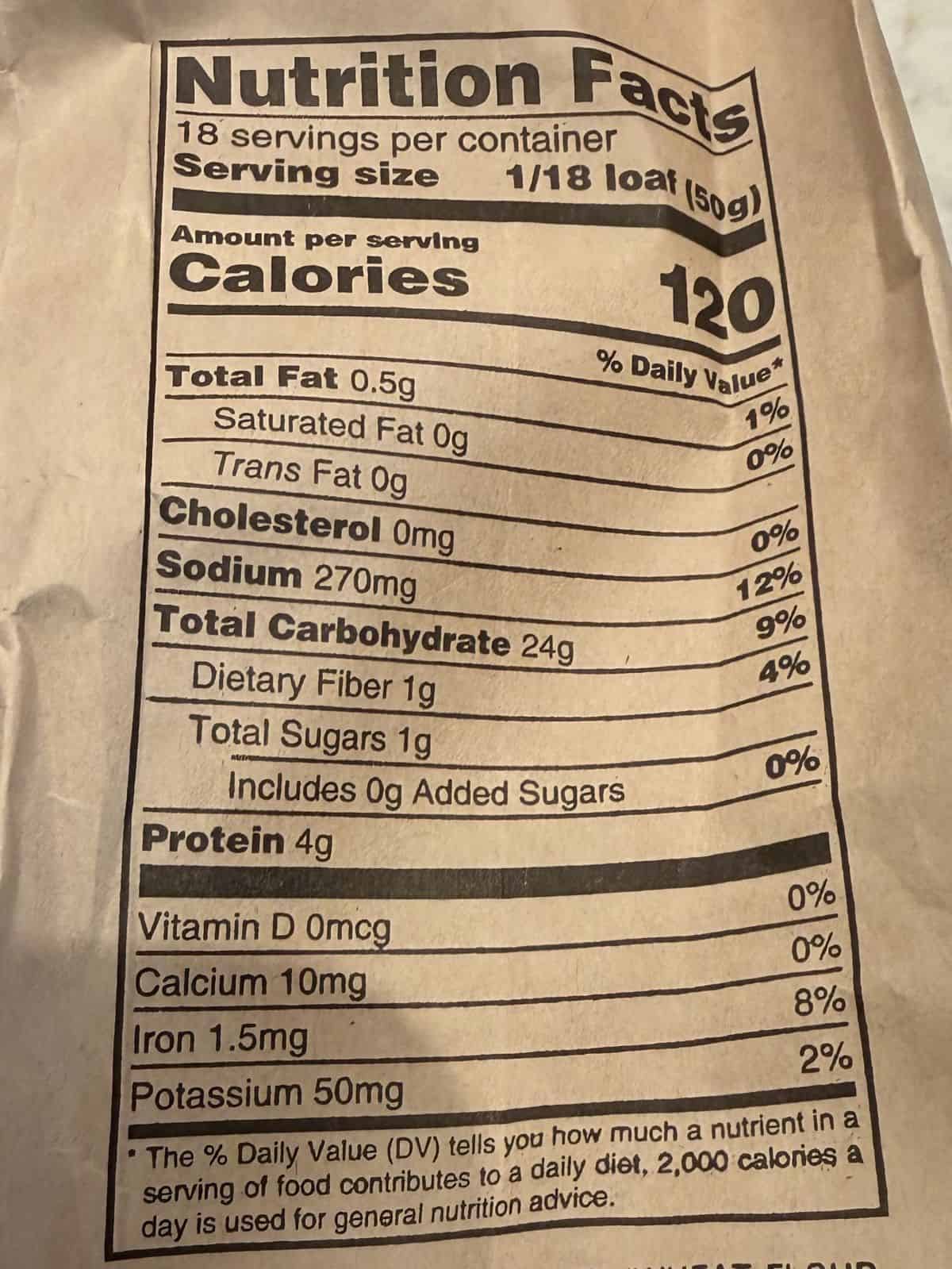 Image of the nutrition facts for the bread from the back of the package.