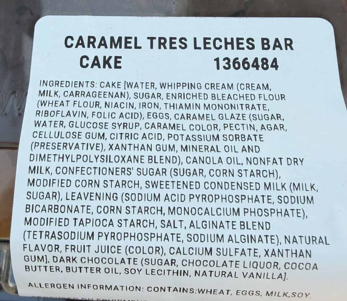 Image of the ingredients list from the label on the cake.
