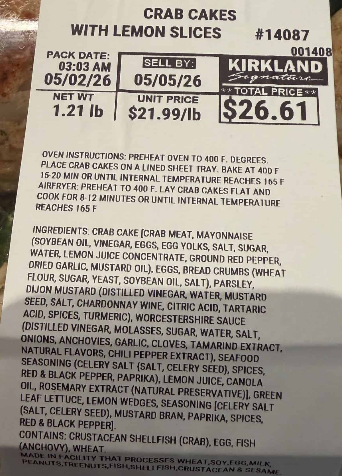 Image of the ingredients for the crab cakes from the package.
