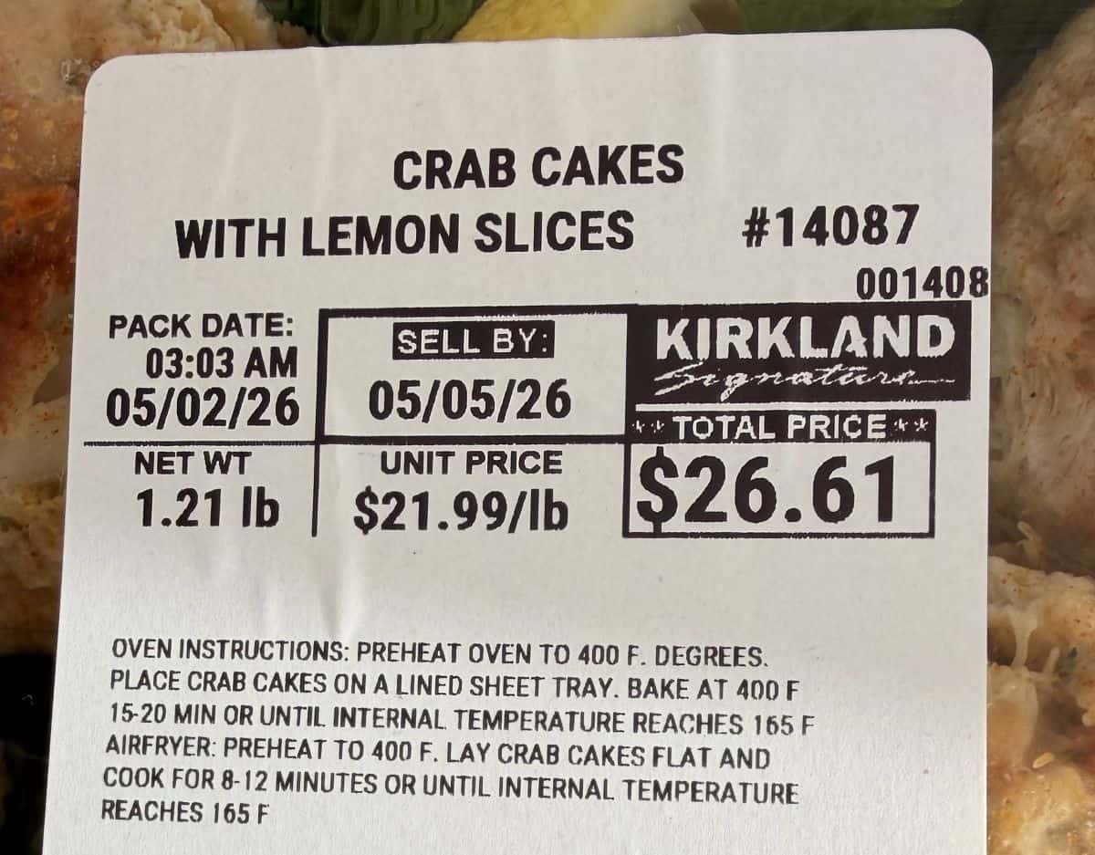 Closeup image of the front label on the crab cakes showing cost, expiry date, cooking instructions.