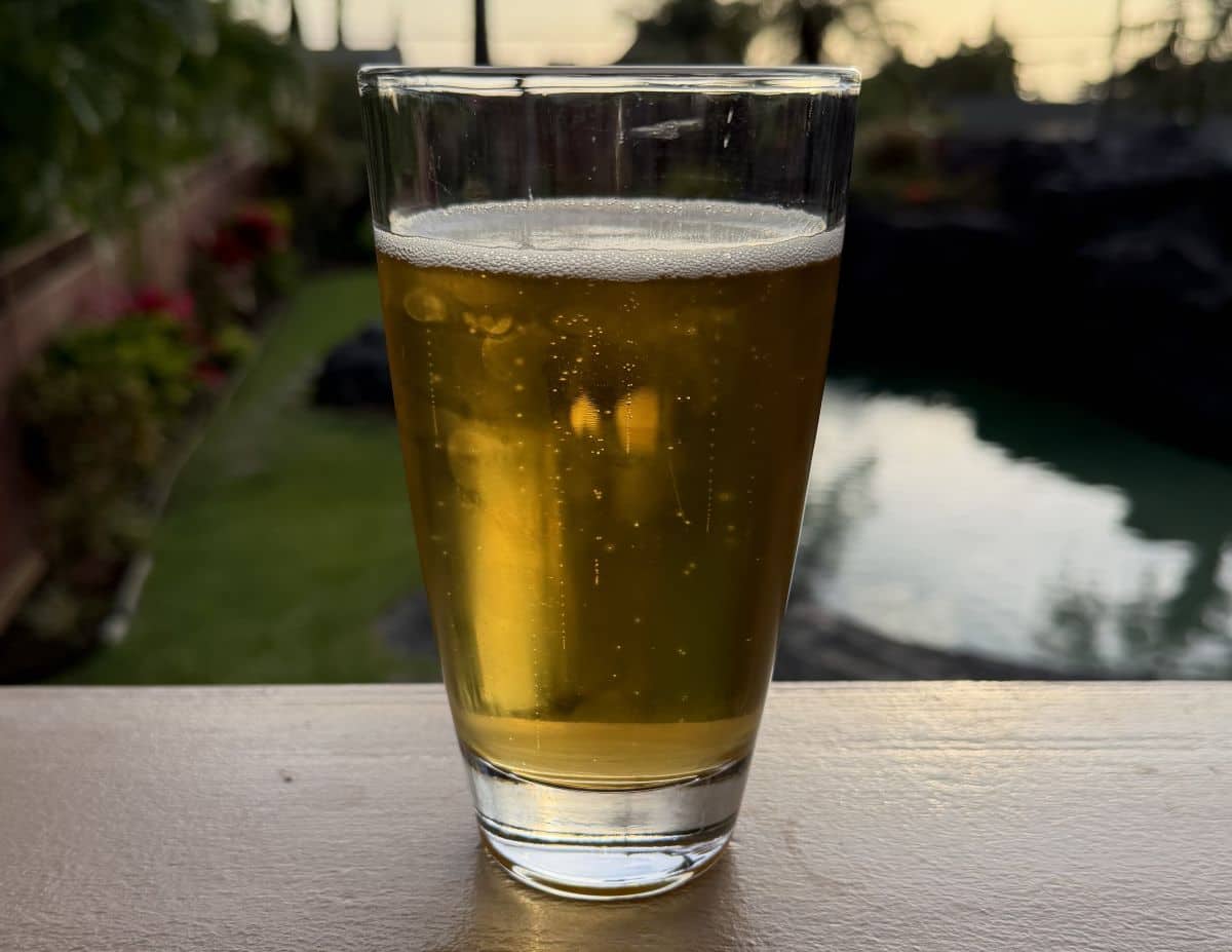 Image of a tall glass with beer in it, in the background is a sunset and a pool.