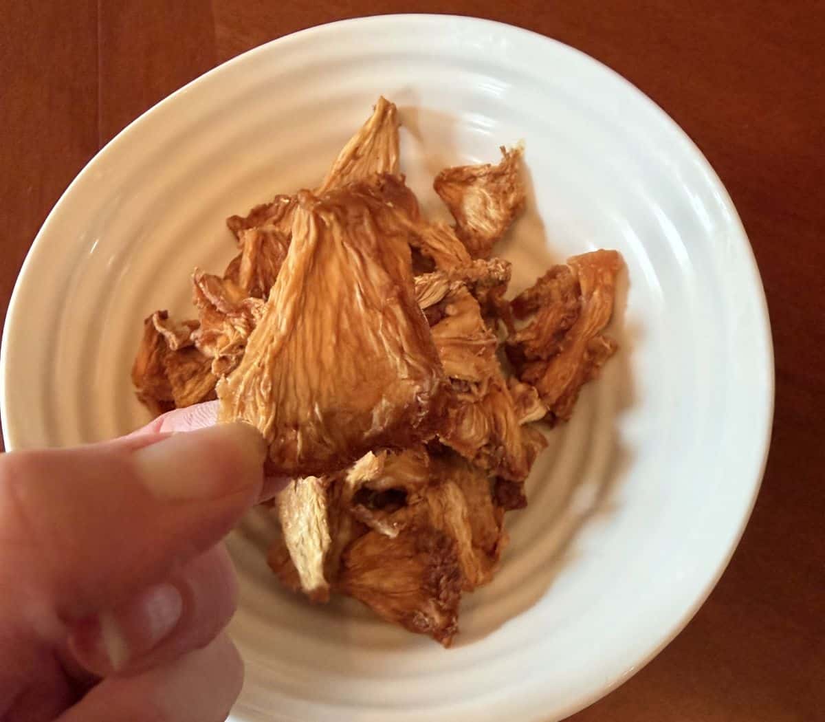 Image of a hand holding one piece of pineapple close to the camera hovering over a bowl of dried pineapple.