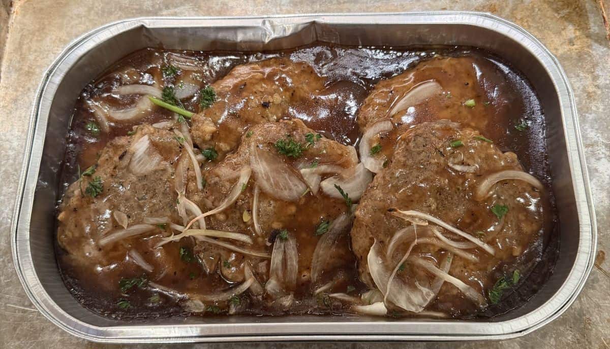 Image of the Costco Kirkland Signature Burger Steak Meal with the lid off.