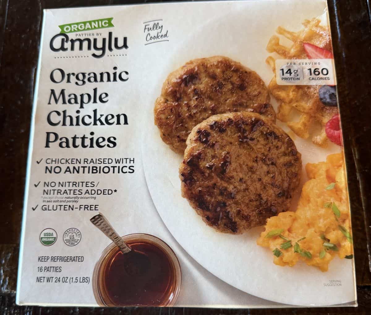 Top down image of the Costco Amylu Organic Maple Chicken Patties sitting on a table unopened.