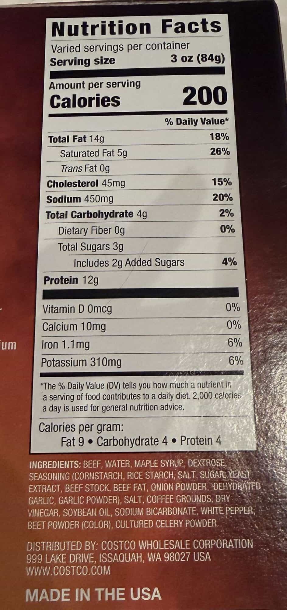 Image of the nutrition facts for the burnt ends from the back of the box.