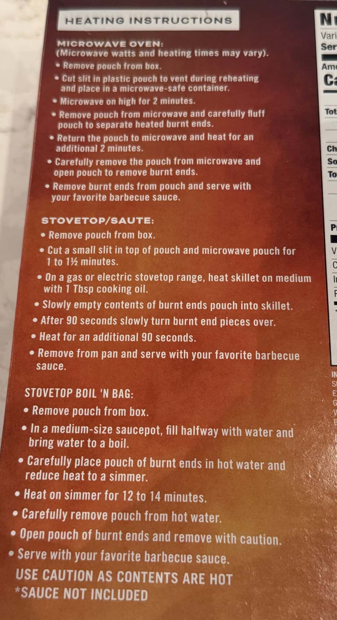 Image of the cooking instructions for the burnt ends from the back of the box.