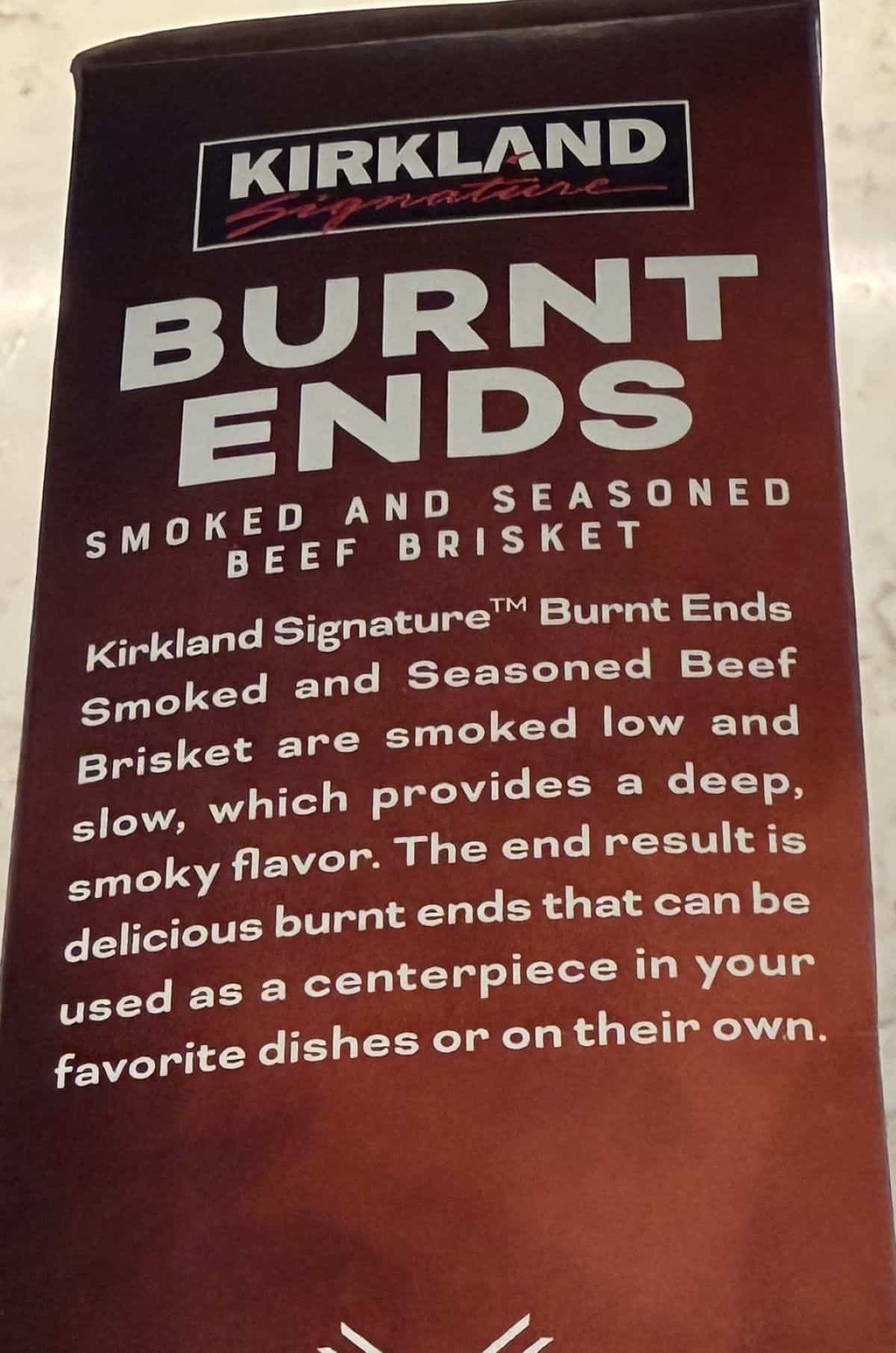 Image of the product description for the burnt ends from the back of the box.