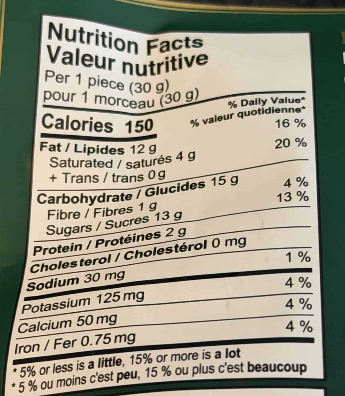 Image of the nutrition facts from the back of the bag.