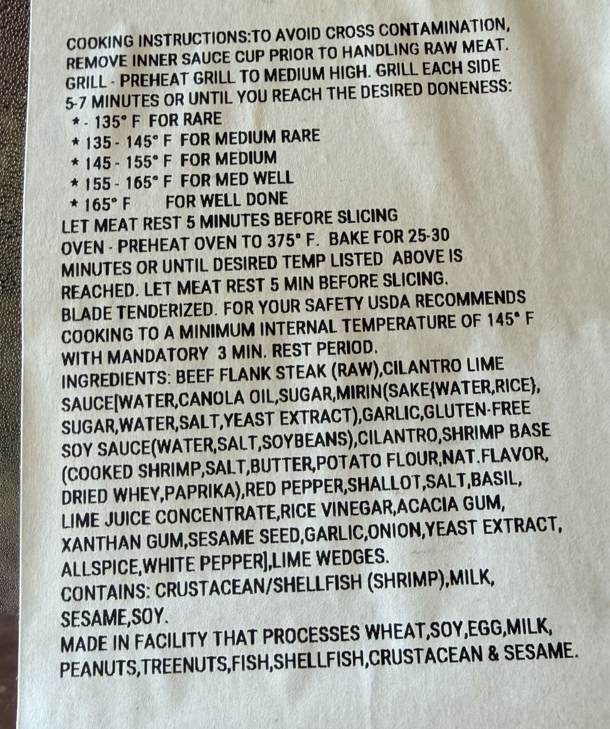 Closeup image of the ingredients and cooking instructions for the steak.