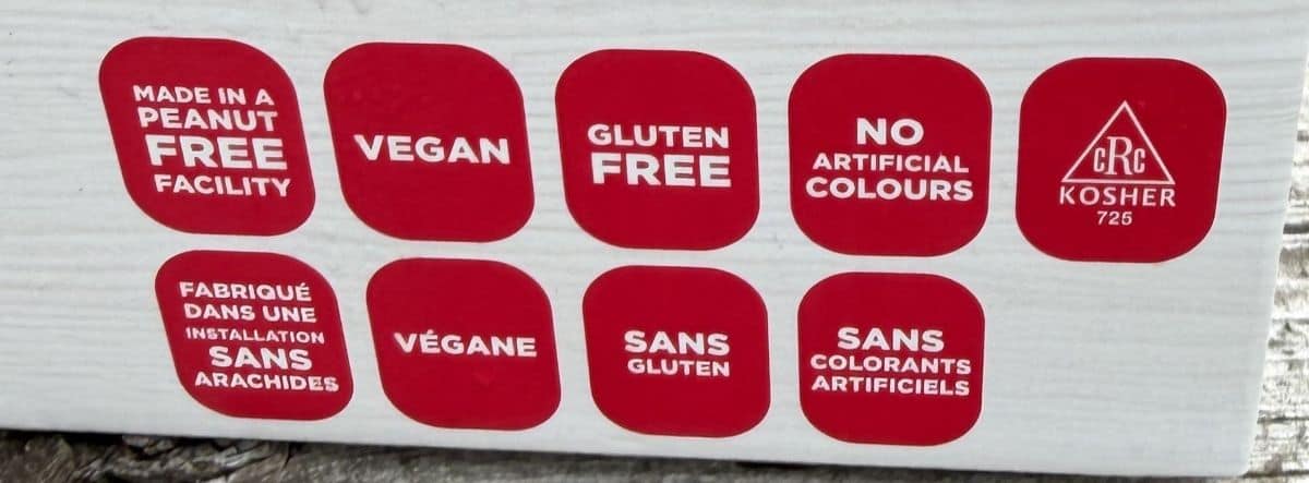 Image of the allergen information from the box stating they're gluten-free and kosher etc.