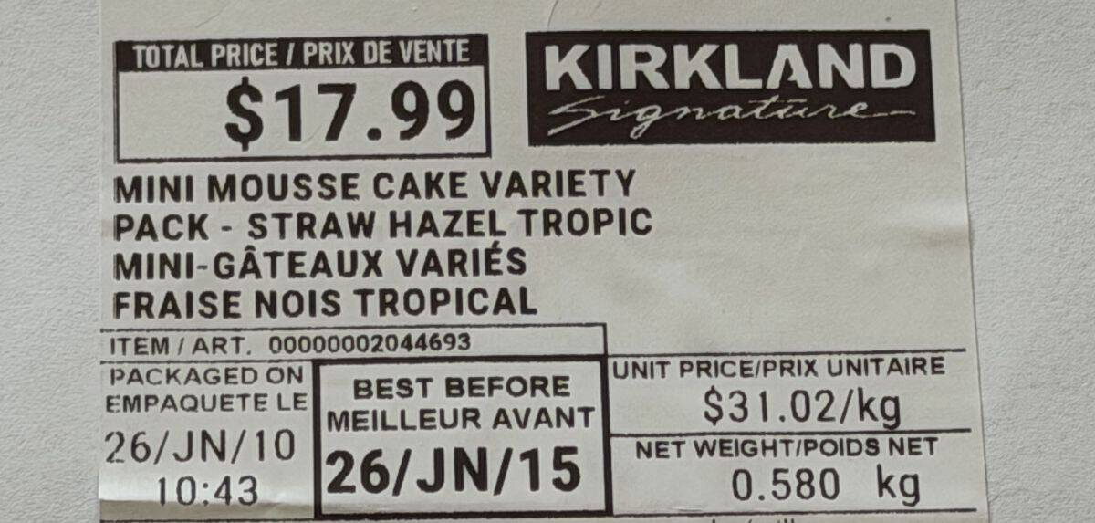 Image of the mini mousse variety pack front label showing the cost and expiry date.