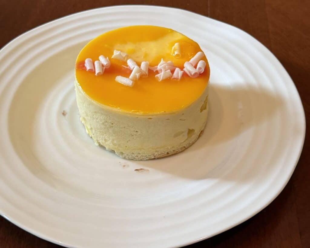 Closeup image of one tropical mousse cake served on a white plate.