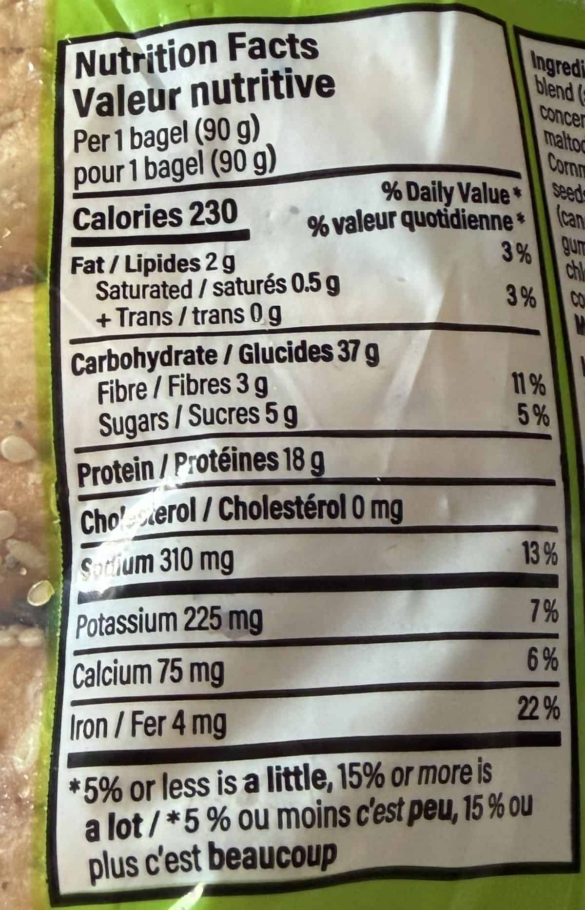 Image of the nutrition facts from the back of the bag.