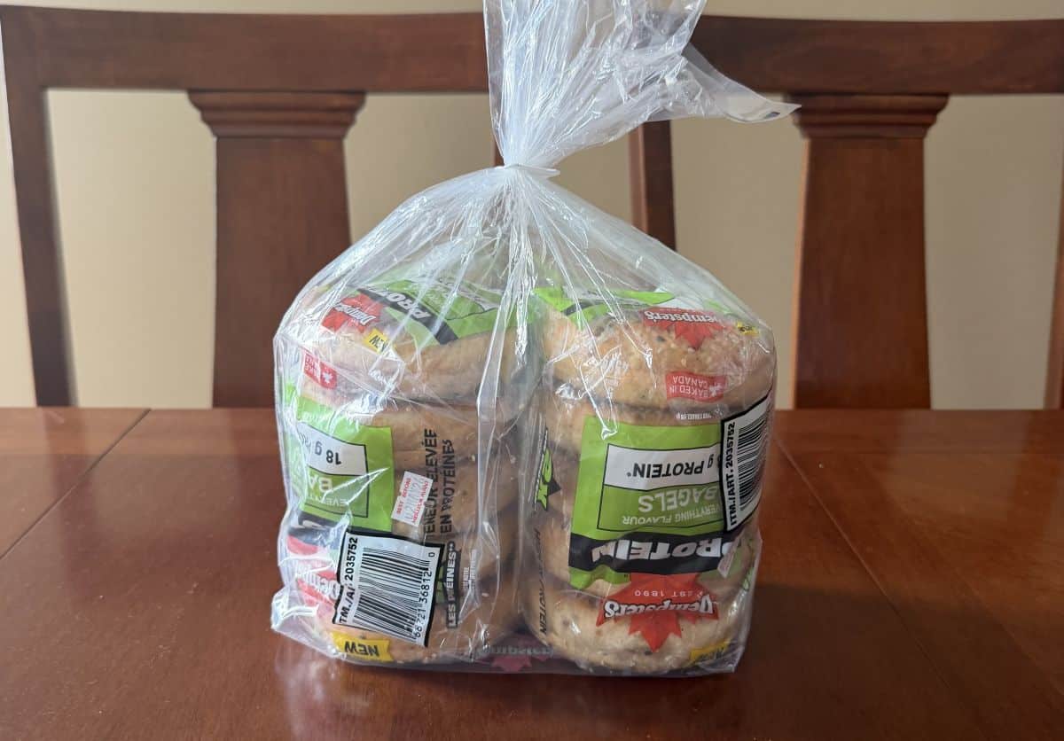 Image of a two pack of protein bagels unopened sitting on a table.