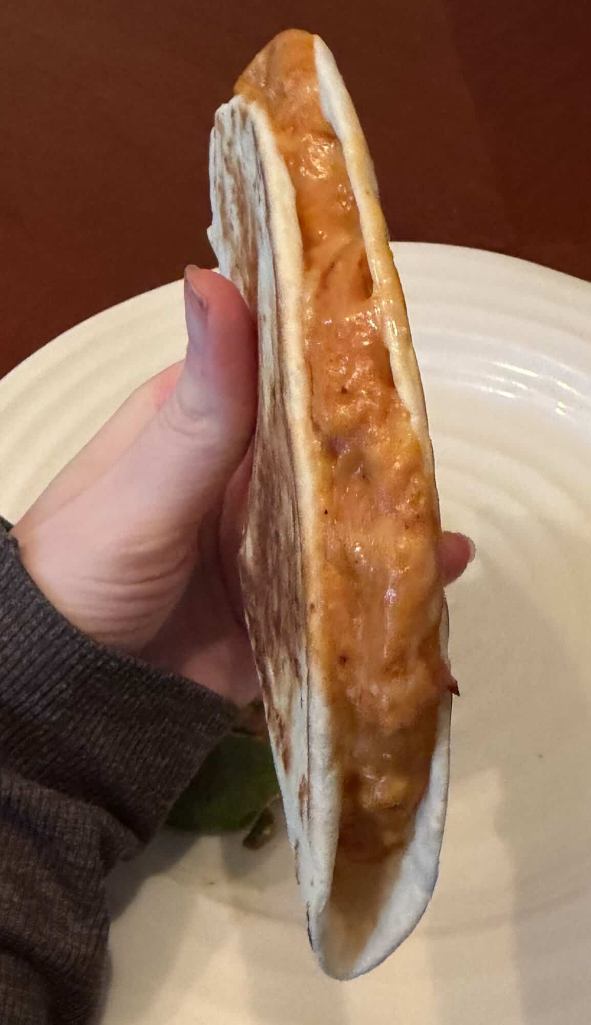 Image of a hand holding one quesadilla close to the camera so you can see the filling.