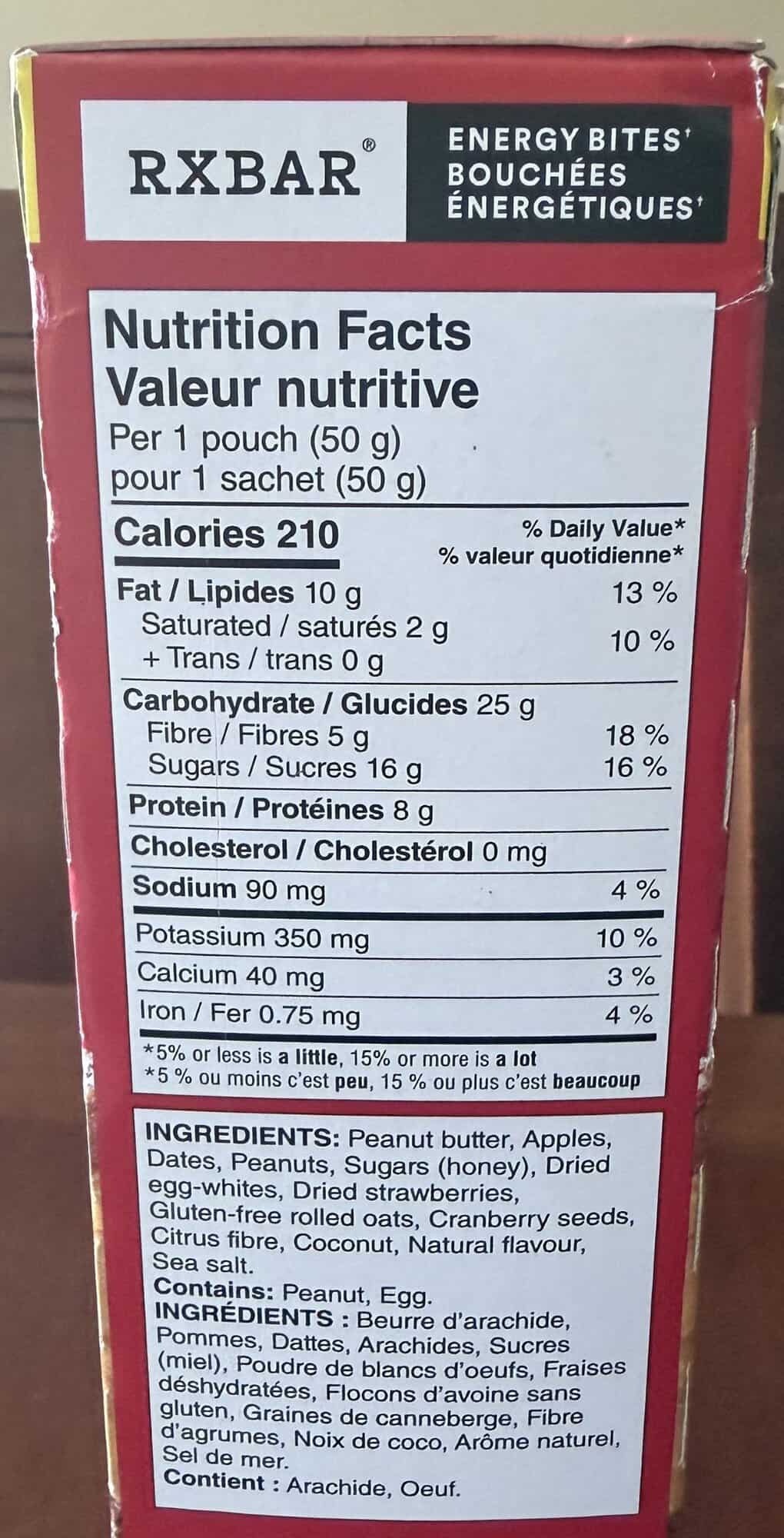 Image of the RXBAR Energy Bites nutrition facts from the side of the box.