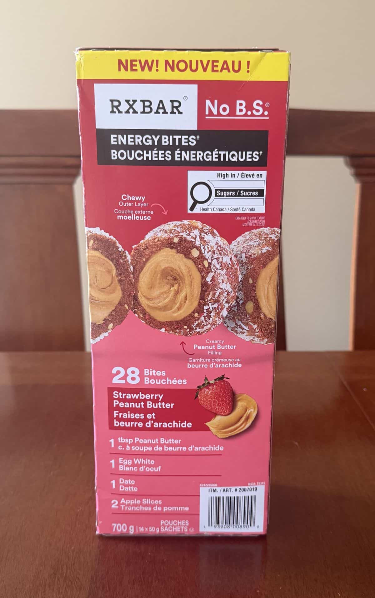 Image of the Costco RX Bar Energy Bites box sitting on a table unopened.