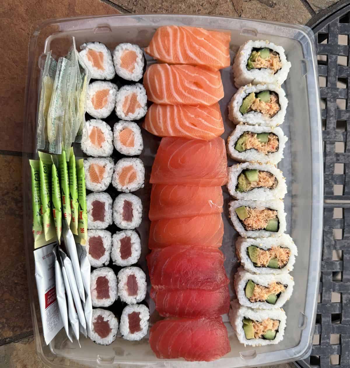 Image of the sushi party platter from Costco without the lid on so you can see the different sushi.