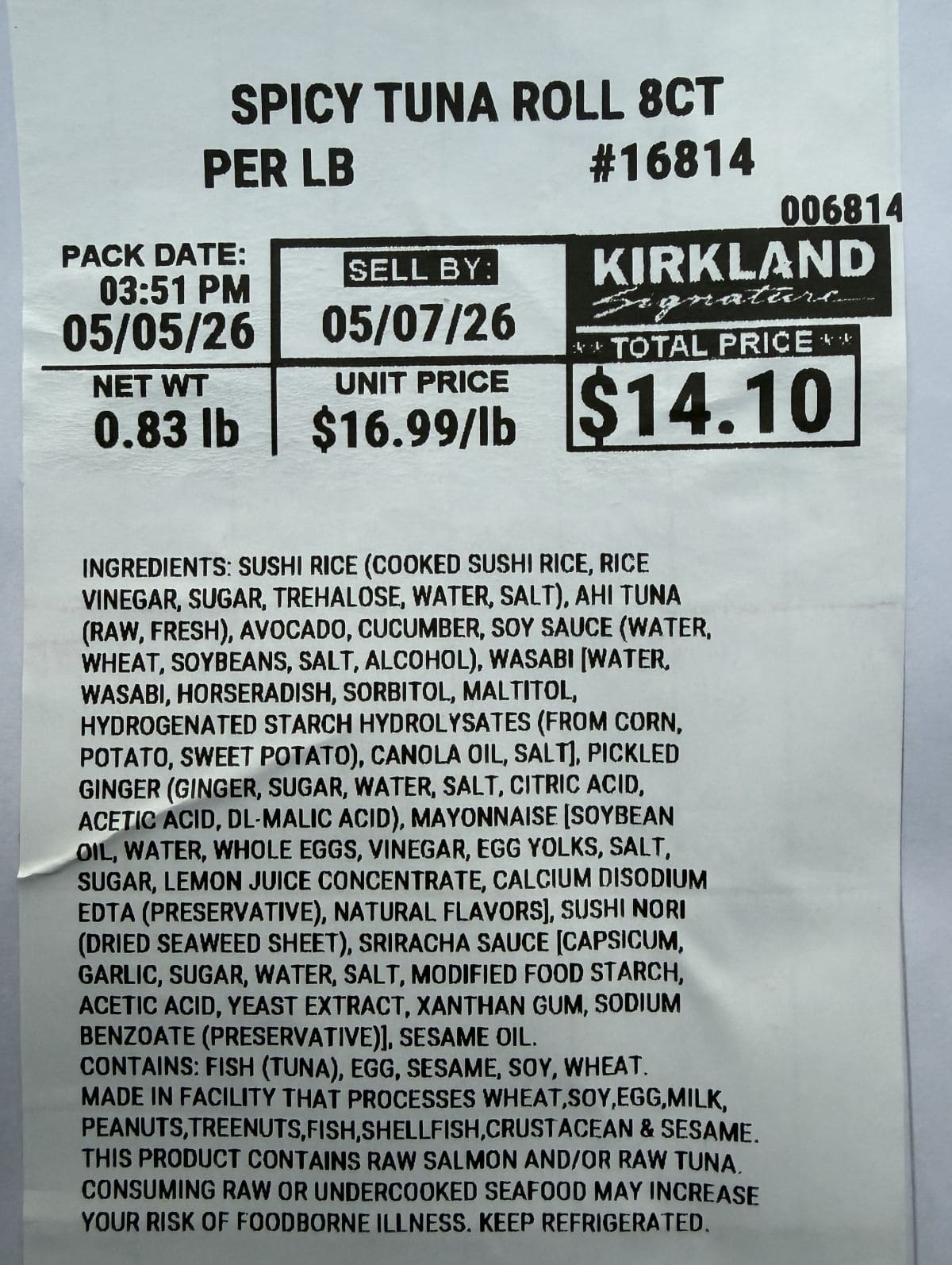 Image of the Spicy Tuna Roll ingredients from the label.