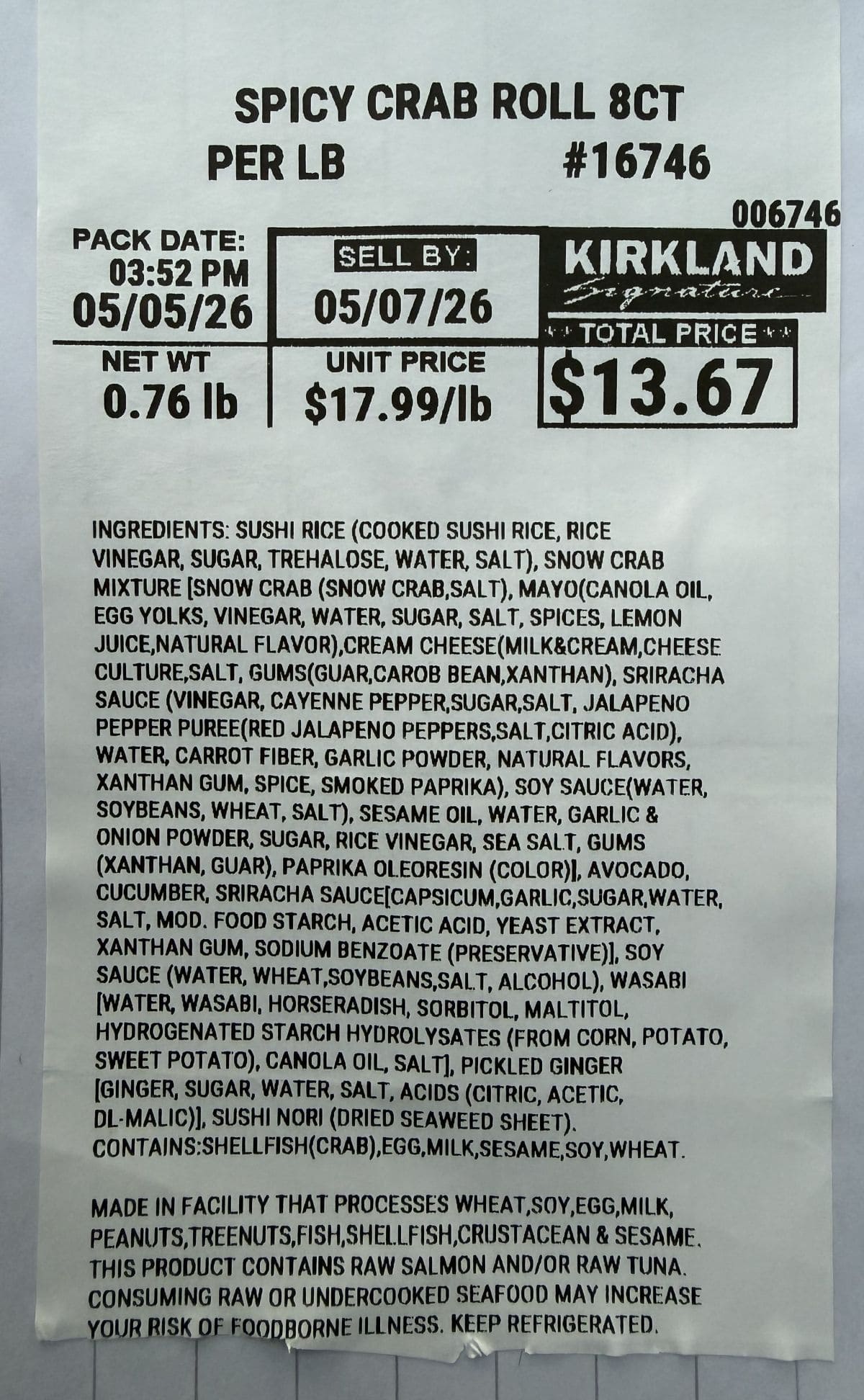 Image of the Spicy Crab Roll ingredients from the label.